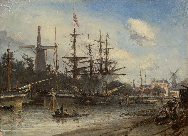 Johan Barthold Jongkind | Moored ships in the port of Rotterdam, oil on canvas, 42.0 x 56.1 cm, signed l.r. twice and dated 1857