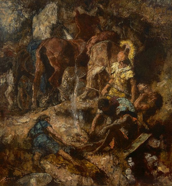 Johannes Hendricus Jurres | Roman soldiers and their horses at a watering place, oil on canvas, 54.0 x 50.0 cm, signed l.u.