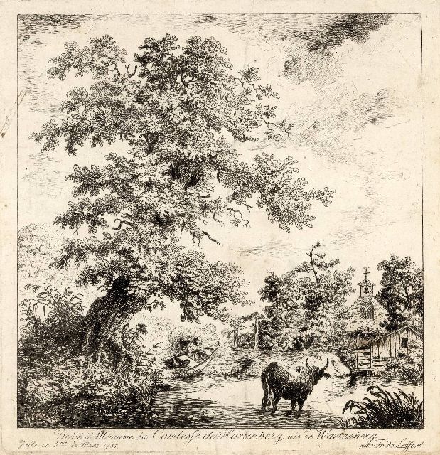 Laffert L.F. von | A man hoisting a boat from a stream with a cow watching, etching
