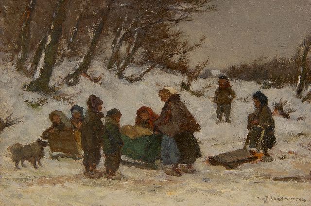 Johannes Evert Akkeringa | A winter walk with the child in a sleigh, oil on panel, 17.0 x 24.6 cm, signed l.r.