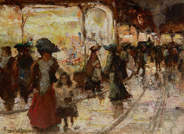 Frans Helfferrich | Window shopping at night, The Hague, oil on panel, 12.0 x 16.0 cm, signed l.l.