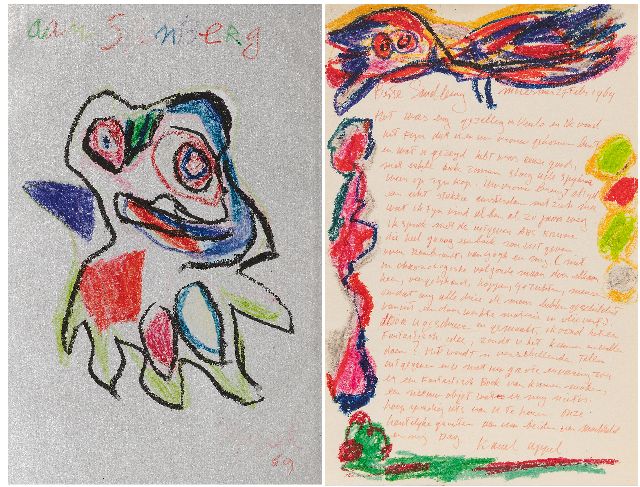 Karel Appel | Figure 'Aan Sanberg' (with illustrated letter), wax crayon on tinfoil, 48.5 x 32.5 cm, signed l.r. and dated '69