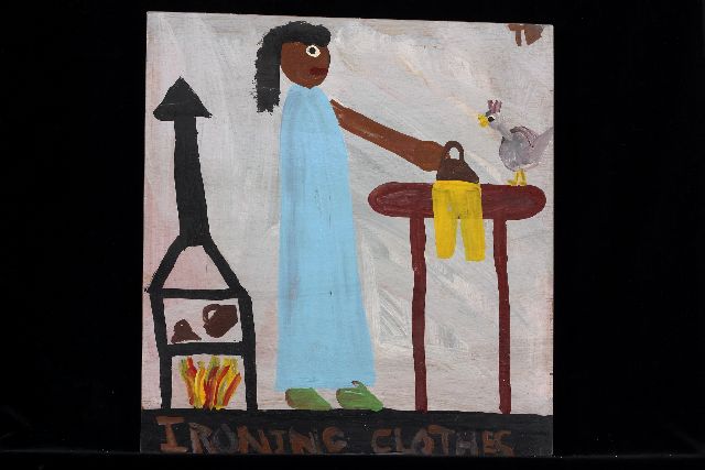 Tim Brown | Ironing clothes, acrylic on panel, 42.9 x 40.3 cm, signed u.r. with initials