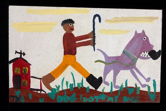 Tim Brown | Dog got my shoe, acrylic on panel, 32.0 x 52.0 cm, signed l.l. with initials