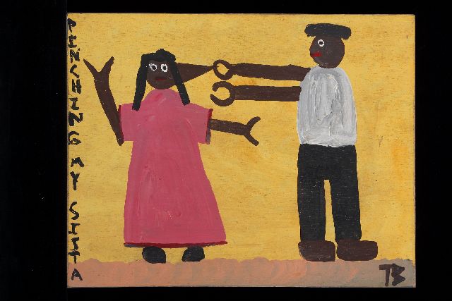 Tim Brown | Pinching my sista, acrylic on panel, 33.7 x 42.8 cm, signed l.r. with initials