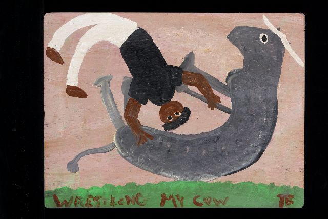 Tim Brown | Wrestling my cow, acrylic on panel, 30.4 x 40.3 cm, signed l.r. with initials