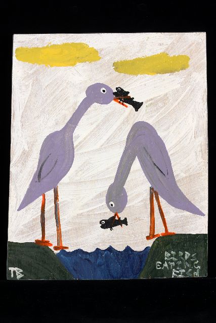 Tim Brown | Birds eating fish, acrylic on panel, 45.2 x 35.6 cm, signed l.l. with initials
