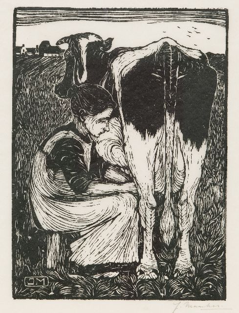Mankes J.  | Milking time, woodcut on paper 20.5 x 16.2 cm, signed l.r. in full (in pencil) and w. mon. in the block