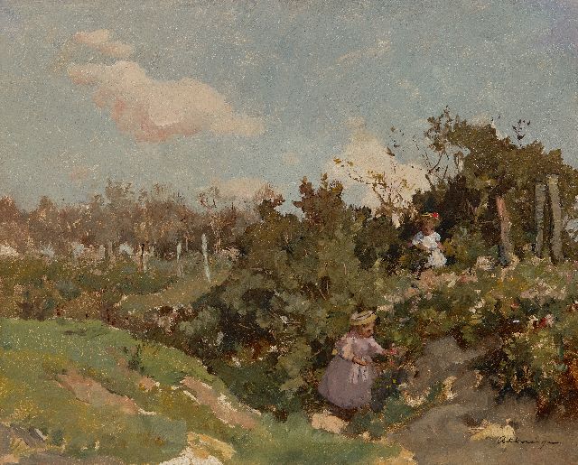 Johannes Evert Akkeringa | Picking flowers in the dunes, oil on panel, 32.3 x 40.0 cm, signed l.r.