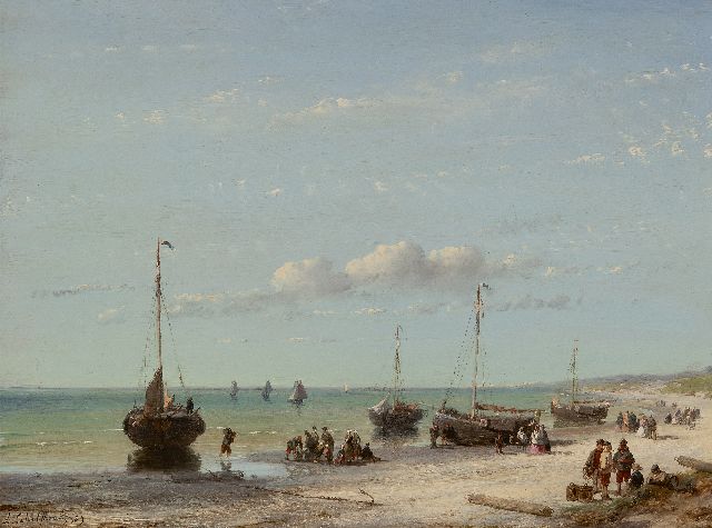 Andreas Schelfhout | Beach scene with ships, fishermen and elegant visitors, oil on panel, 32.1 x 43.0 cm, signed l.l. and dated '59