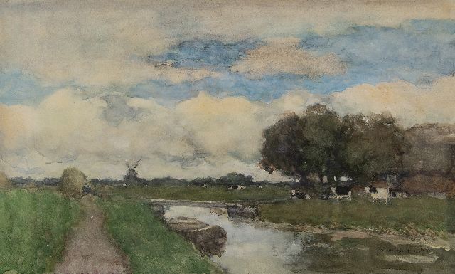 Jan Hendrik Weissenbruch | Cows in a polder landscape, watercolour on paper, 38.0 x 61.5 cm, signed l.r.