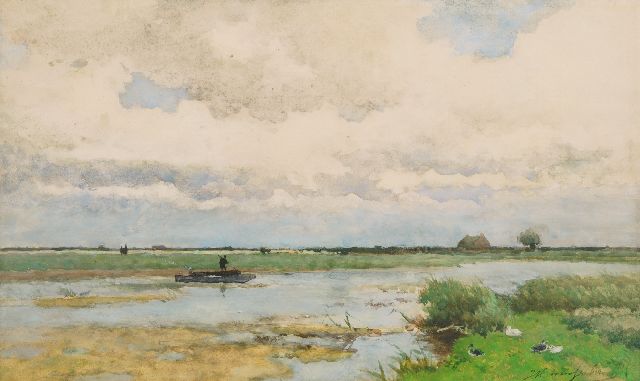 Jan Hendrik Weissenbruch | Lake view with a barge, watercolour on paper, 32.5 x 54.0 cm, signed l.r.