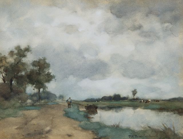 Jan Hendrik Weissenbruch | Landscape with farmer and tug-boat, watercolour on paper, 34.0 x 45.0 cm, signed l.r.