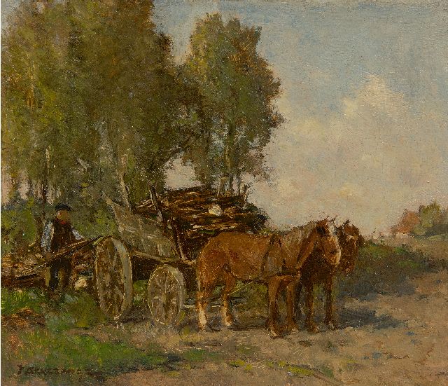 Johannes Evert Akkeringa | Gathering wood, oil on panel, 14.6 x 17.1 cm, signed l.l.