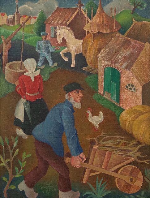 Schrikkel J.L.  | Activity on the farm, oil on canvas laid down on panel 35.5 x 27.1 cm, signed l.l. and dated 1936
