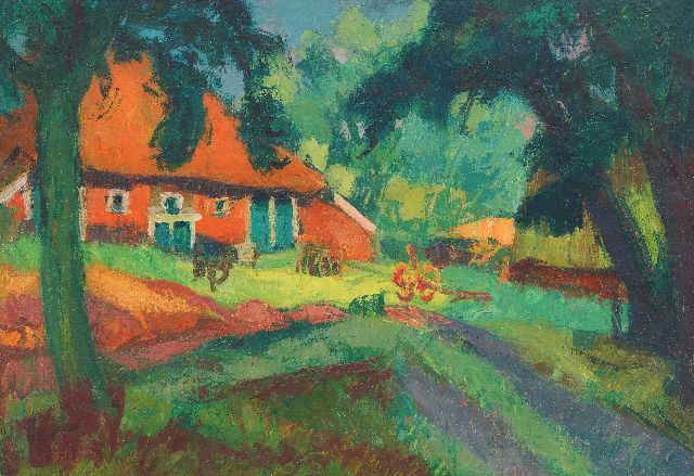 Jannes de Vries | Farm at Westerwolde; verso: View of the river Waal, wax paint on canvas, 50.1 x 69.4 cm, signed on the reverse and executed ca. 1960