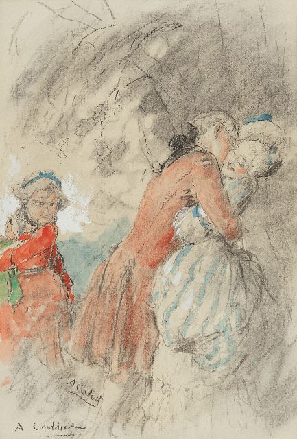 Antoine Calbet | The stolen kiss, chalk and watercolour on paper, 20.0 x 14.0 cm, signed l.l.