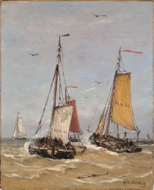 Hendrik Willem Mesdag | Departure of the fishing fleet, Scheveningen, oil on canvas, 50.2 x 40.3 cm, signed l.r.