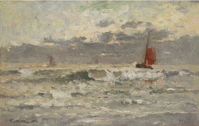 Morgenstjerne Munthe | Arriving fishing barges, Katwijk, oil on canvas laid down on panel, 22.9 x 35.8 cm, signed l.l.