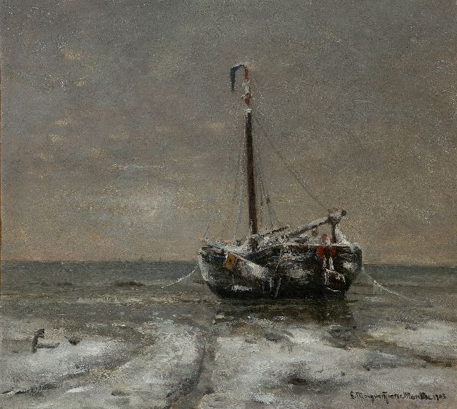 Morgenstjerne Munthe | Snowy beach with a fishing barge, oil on canvas, 54.8 x 60.2 cm, signed l.r. and dated 1903