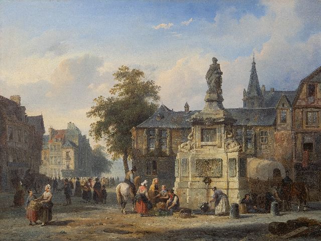 Cornelis Springer | A view of the fountain and statue of Jeanne d'Arc at the Place de la Pucelle, Rouen, oil on canvas, 41.6 x 53.6 cm, signed l.r. with monogram and dated '45