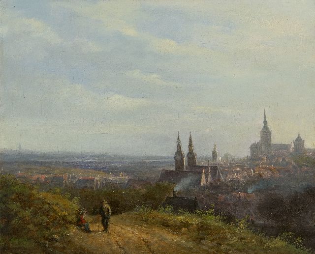 Biester A.  | Panoramic view of Kleve with in the distance the studio tower of B.C. Koekkoek with the statue of Pallas Athene, oil on canvas 25.9 x 31.9 cm