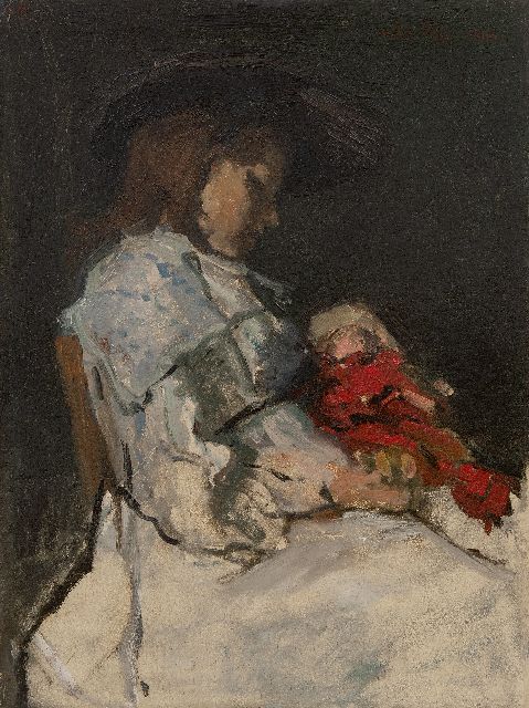 Coba Ritsema | Girl with a red doll, oil on canvas laid down on painter's board, 40.7 x 30.3 cm, signed u.l. with initials and u.r. in full
