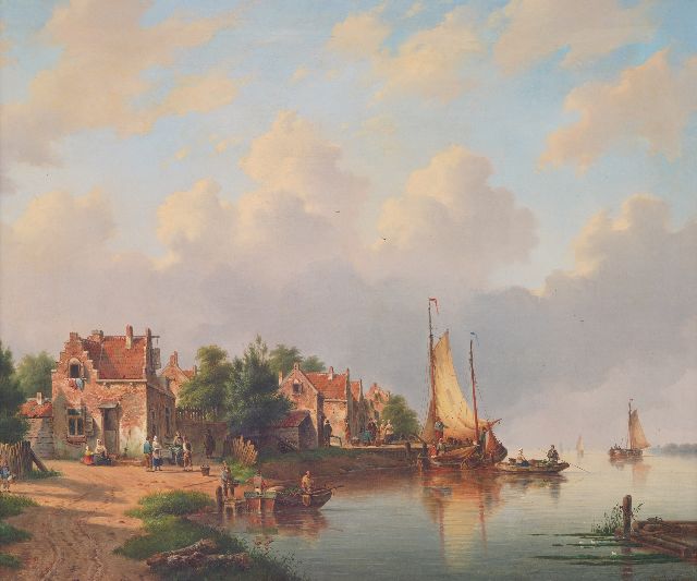 Hendriks G.  | Village on the river with foot ferry and sailing ships, oil on canvas 83.0 x 98.4 cm