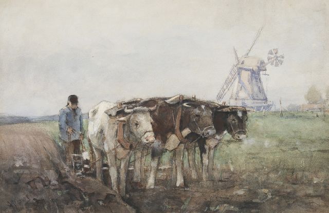 Anton Mauve | Ploughing farmer with his oxen, watercolour and gouache on paper, 26.0 x 40.1 cm, signed l.l.