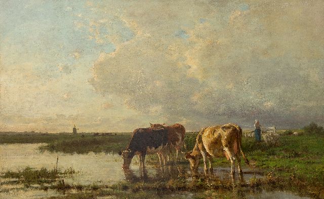 Anton Mauve | Drinking cattle by the river, oil on canvas, 84.8 x 134.8 cm, signed l.r. and 1868-1870