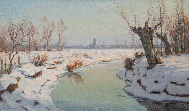 Johan Meijer | A winter landscape, with Blaricum in the distance, oil on canvas, 60.3 x 100.1 cm, signed l.l.