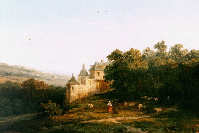 Anthonie Jacobus van Wijngaerdt | Mountainous landscape with a castle in the distance, oil on panel, 15.2 x 22.2 cm, signed l.r. and dated 1854