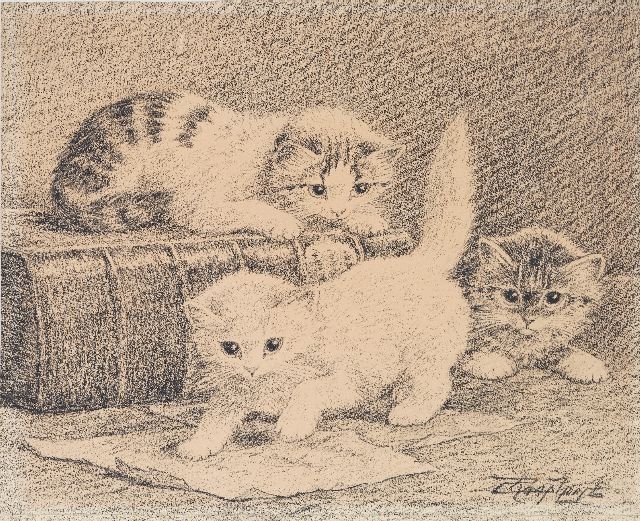 Raaphorst C.  | Three kittens playing, charcoal on paper 23.8 x 29.1 cm, signed l.r.