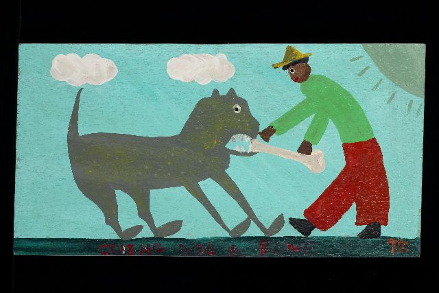 Brown T.  | Giving dog a bone, acrylic on panel 30.7 x 58.1 cm, signed l.r. with initials
