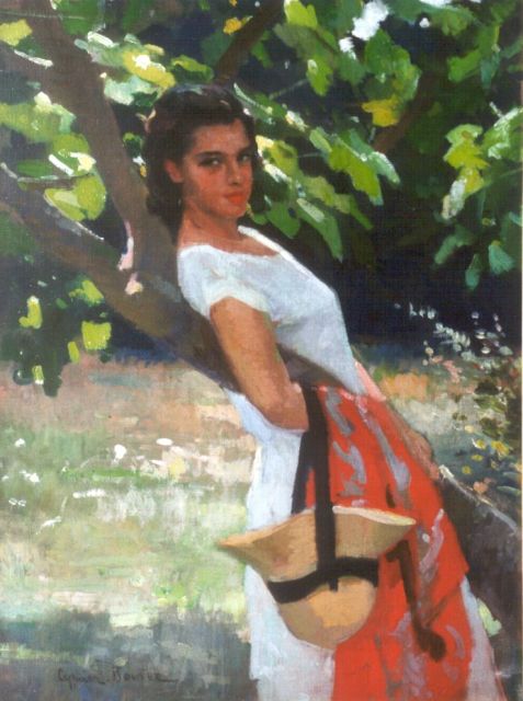 Cyprien Eugène Boulet | An elegant lady in a summer landscape, oil on canvas, 81.5 x 62.0 cm, signed l.l.