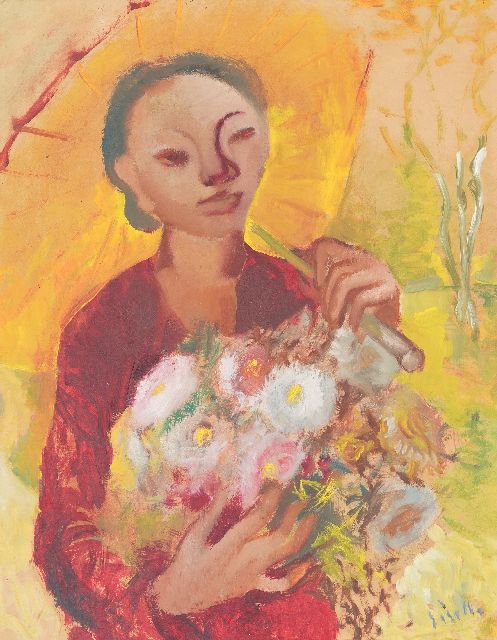 Kuster G.  | Indonesian woman with flowers and parasol, 63.5 x 49.6 cm, signed l.r. and pained ca. 1948-1949