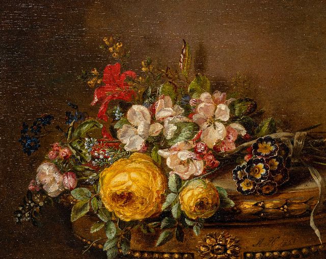 Adriana Haanen | Roses, violets and lillies on a table, oil on panel, 26.5 x 33.0 cm, signed l.r. and dated 1850