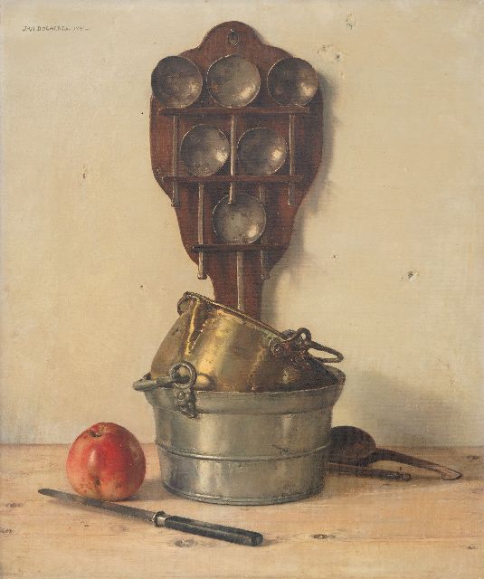 Jan Bogaerts | Kitchen still life with spoon rack, pots, apple and knife., oil on canvas, 60.5 x 5035.0 cm, signed u.l. and dated 1941
