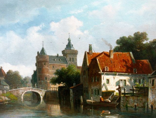 Eversen A.  | A townscape with a castle in the distance, oil on panel 19.2 x 25.6 cm, signed l.r. with monogram