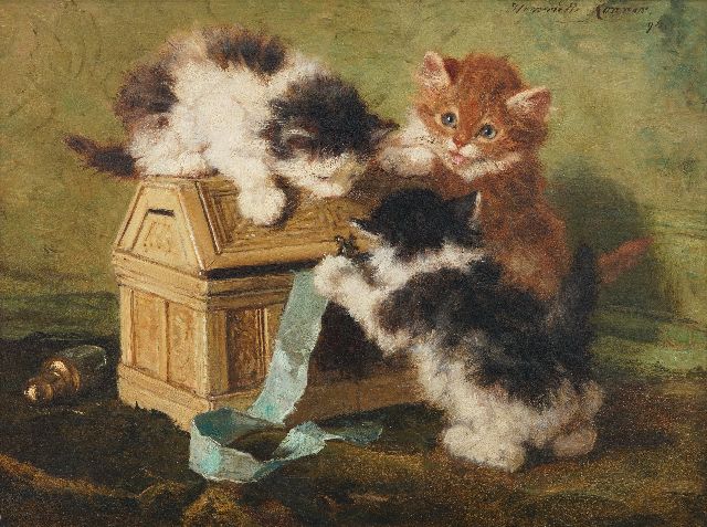 Henriette Ronner | Three young kittens playing with a letterbox., oil on panel, 18.7 x 24.5 cm, signed u.r. and dated '94