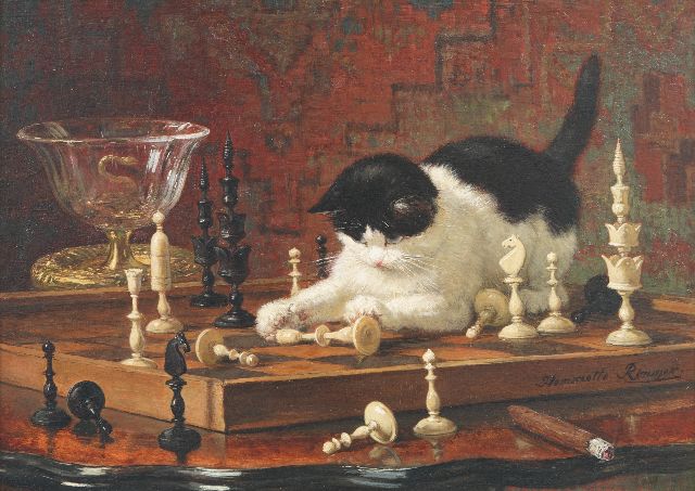 Henriette Ronner | Poes, spelend met kostbare schaatstukken 'Selenius stijl', oil on panel, 32.6 x 45.2 cm, signed l.r.