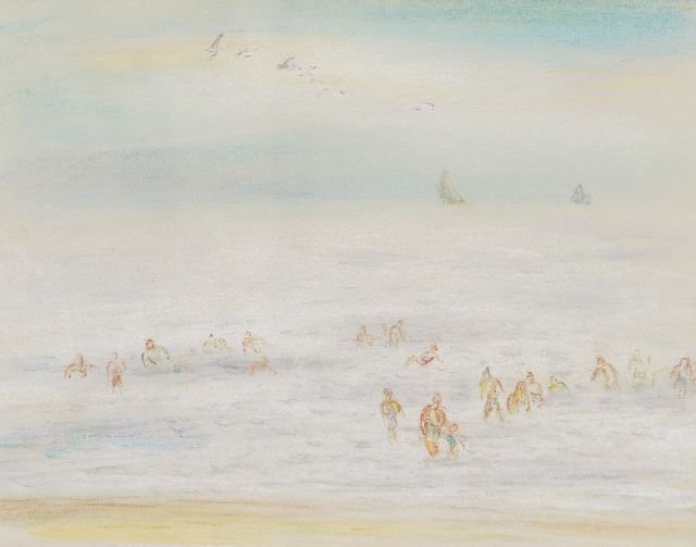 Leo Gestel | Beach guests in the sea, Zandvoort, chalk on paper, 23.7 x 30.0 cm