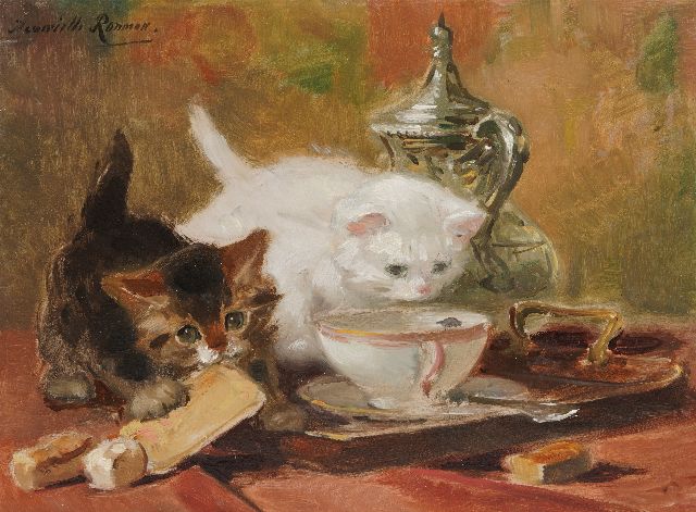 Henriette Ronner | Kittens playing on a tea table, oil on paper laid down on panel, 23.8 x 32.1 cm, signed u.l.