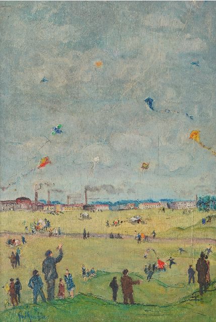 Paeschke P.  | Kite flying on The Tempelhofer Field in Berlin, oil on panel 45.0 x 30.8 cm, signed l.l. and painted ca. 1910