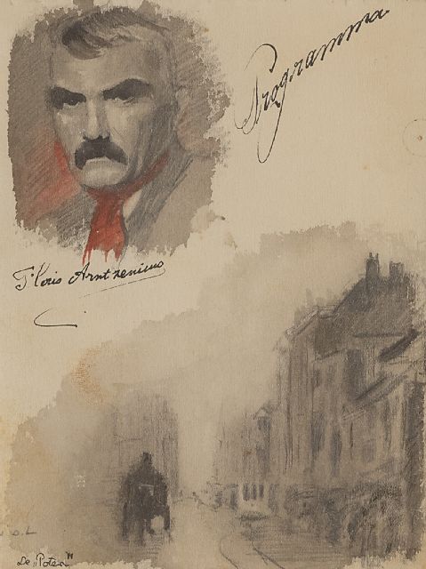Floris Arntzenius | Sheet with a self-portrait and sketch of the street Lange Poten in The Hague, pencil, ink and watercolour on paper, 15.7 x 12.4 cm, signed c.l.