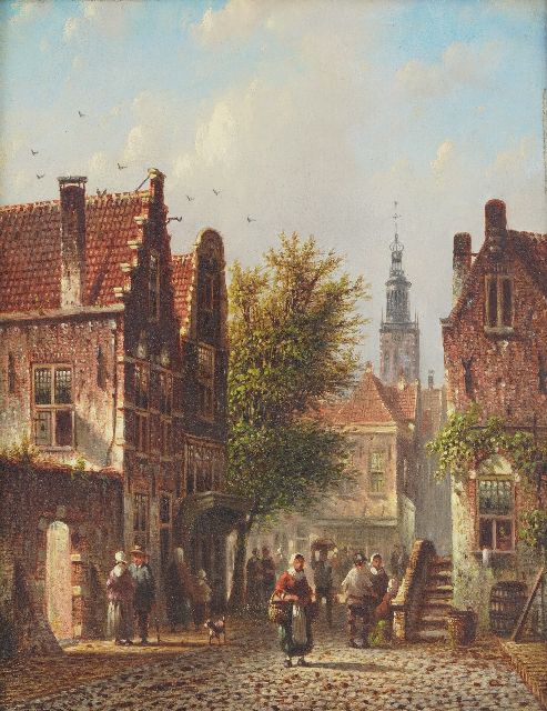 Johannes Franciscus Spohler | Town view in summer with the tower of the Bakenesserkerk of Haarlem, oil on panel, 20.9 x 15.8 cm, signed l.l.