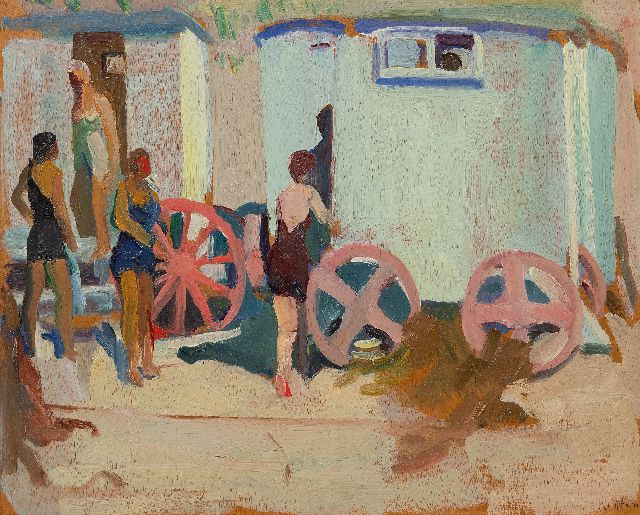 Harrie Kuijten | Bath carriages on the beach, oil on panel, 32.9 x 40.9 cm, signed l.r. and painted ca. 1917-1925