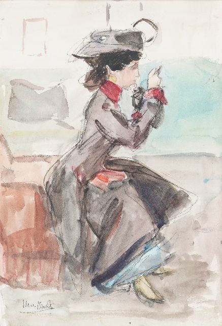 Isaac Israels | A woman touching-up her makeup on a parc bench, chalk and watercolour on paper, 50.9 x 35.5 cm, signed l.l.