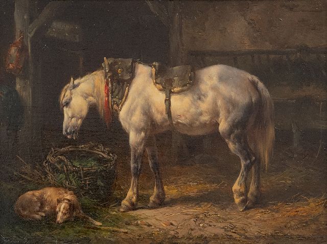 Wouterus Verschuur | Stable interior with a horse and dog, oil on panel, 12.6 x 17.4 cm, signed l.r.