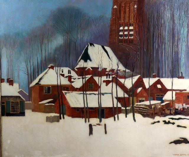 Huib Luns | Winter scene in Vught with the Sint Lambertuskerk in the snow, oil on canvas, 120.5 x 142.2 cm, signed l.r. and dated '23